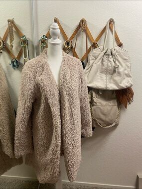 Plush Teddy Open-Front Coat - Cream, women’s large